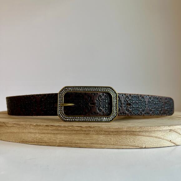 Brown Genuine Italian Leather Embossed USA Brass Sparkle Buckle Belt Size S/M main image 8